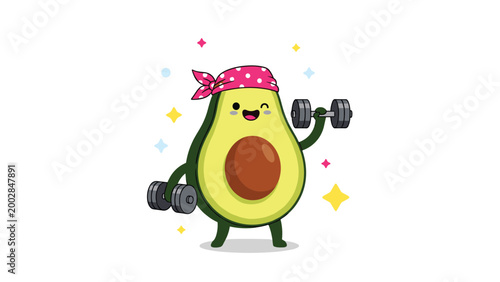 Energetic avocado character wearing a pink headband lifts weights to show fitness motivation and superfood health benefits.