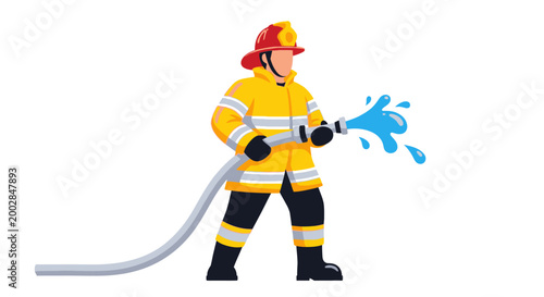 Firefighter in uniform holding hose with water on white background