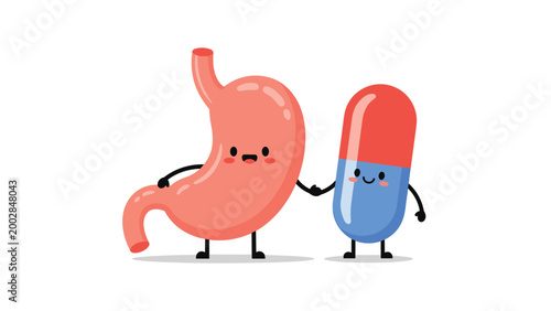 Happy human stomach character holds hands with a red and blue pill capsule to illustrate effective medicine for digestion.
