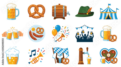 Collection of Oktoberfest-themed icons including beer mugs, pretzels, sausages, tents, and traditional Bavarian elements.
