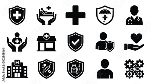 Collection of healthcare and medical icons representing various aspects of health, insurance, and patient care.