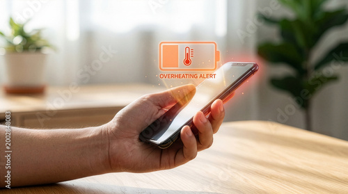 Close up of a hand holding a smartphone with a red holographic overheating alert and thermometer battery icon.