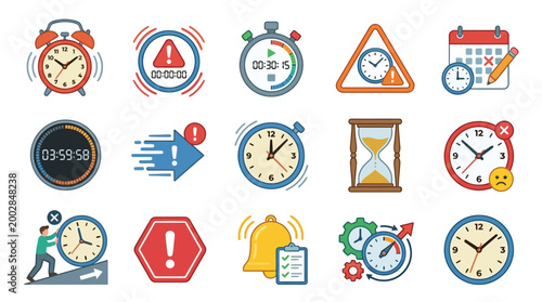 Collection of icons representing time management, alarms, deadlines, and scheduling, featuring clocks, timers, calendars, and hourglasses.