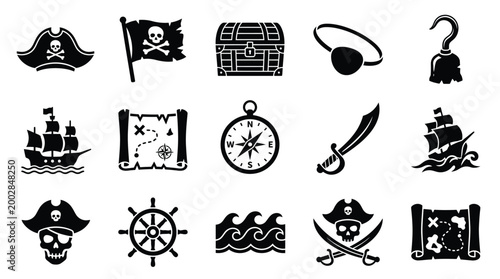 A collection of 15 black and white pirate-themed icons, including a ship, treasure chest, compass, sword, and skull.