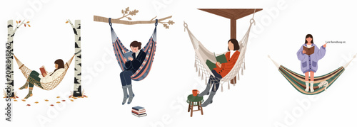 Set of illustrations featuring young women relaxing in hammocks while reading books in cozy, autumn-inspired settings, perfect for leisure and lifestyle themes.