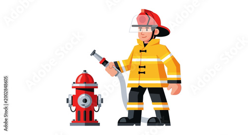 Firefighter in uniform holding hose next to red fire hydrant