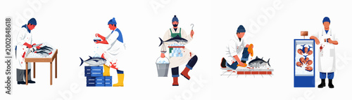Bild auf Leinwand Flat vector illustration set showing fishermen and fishmongers at work, processing, cleaning, and selling fresh tuna and seafood on white background