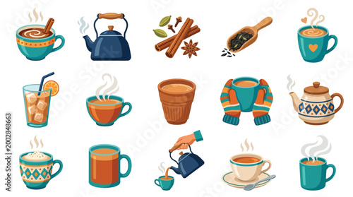 A vibrant collection of hot and cold beverages, including steaming cups of tea, coffee, and iced drinks, alongside teapots and spices, perfect for a cozy or refreshing moment.