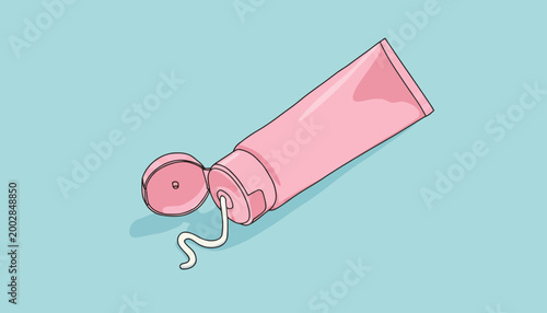 Gentle Pink Skincare Cream Tube Dispensing a dollop of cosmetic product on a light blue background, ideal for beauty and wellness branding