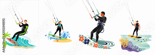 Collection of four illustrations showing people kitesurfing in tropical locations with waves, palm trees, and vibrant marine life.