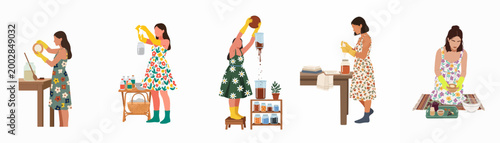 Flat vector illustration set of women in floral dresses engaging in DIY crafts, preserving food, and making natural products at home.