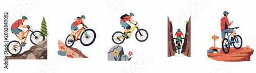 Collection of flat vector illustrations depicting mountain bikers on diverse off-road trails, including jumps, climbs, and narrow canyons.