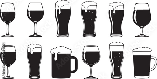 Collection of beer glasses with dark beer isolated on transparent background, Vector