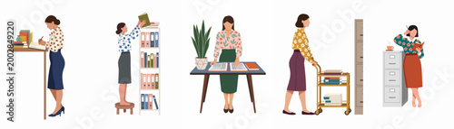 Collection of vintage-style illustrations featuring women working in an office, library, or archive setting, handling books, folders, and filing documents.