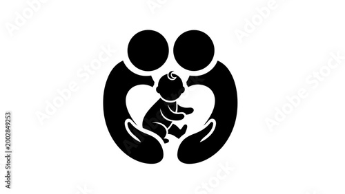 Happy family icon with parents' hands protecting a baby, heart shape silhouette.