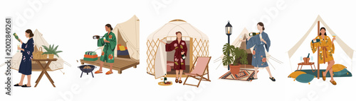 Set of illustrations featuring women in floral robes enjoying luxury glamping with champagne, wine, tents, and yurts in a stylish, flat design.