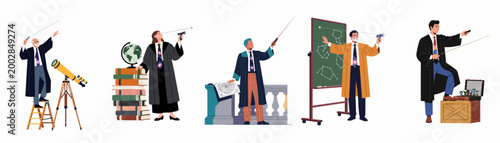 Set of various astronomers and university professors in academic robes teaching and observing the stars with scientific equipment on a white background.