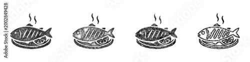 Photography Sketch grilled fish icon design set