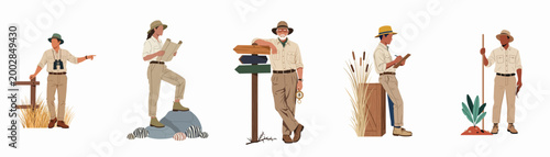 Set of diverse explorers and adventurers in safari outfits engaged in outdoor navigation and field research, flat vector illustration on white background.