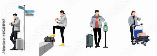 Konstfotografi Set of illustrations depicting male and female travelers checking their watches while waiting with luggage at various points during a journey