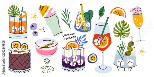 Collection of alcoholic cocktail in glasses of different shapes in cartoon retro style. Tropical summer drinks with ice cubes, straws, citrus slices, passion fruit, olives. Beverage illustrations