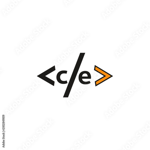 Code symbol with orange arrow.