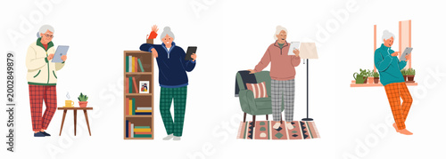 Set of elderly women using tablets at home for communication and entertainment in a modern flat vector illustration style.