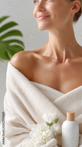 After sun care woman wrapped in a towel with moisturizer bottle and white flowers for skincare background and product design