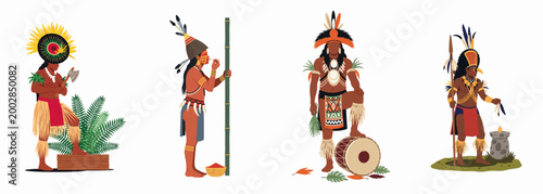 Vector illustration set featuring four indigenous people in traditional tribal attire, headdresses, and holding various cultural tools and instruments.