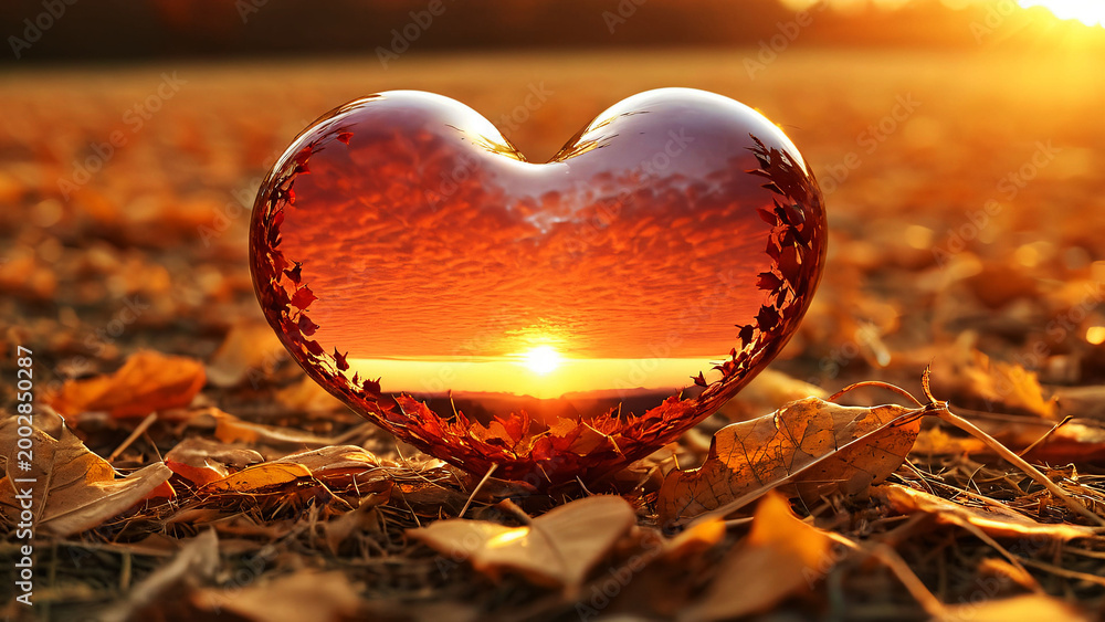 Fototapeta premium Glowing Heart at Sunset on Autumn Leaves