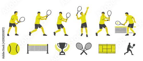 Tennis player icons set, yellow sportswear athlete action poses, racket and ball graphics, court, net, and championship trophy illustration for sports tournament and fitness club branding design colle