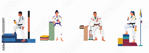 Set of flat illustrations showing diverse Brazilian Jiu-Jitsu practitioners in different training and competition scenarios, including a medalist on a podium.
