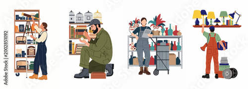 Illustration set of warehouse workers managing and organizing various vintage items, antiques, and collectibles in a storage facility or antique shop.