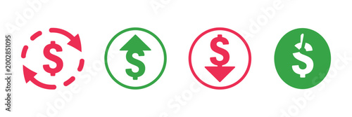 Dollar price up and down icon line style, money coin and arrow movement showing increase and decrease