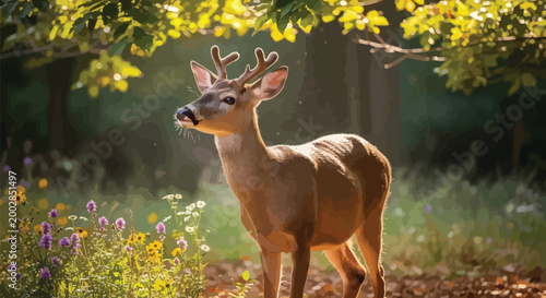 Deer in forest digital painting with vibrant foliage