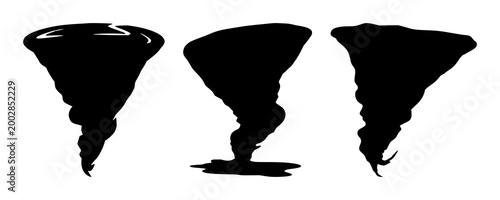 Storm set with black silhouette tornado on white background featuring cyclone, whirlwind, vortex with meteorology and atmospheric