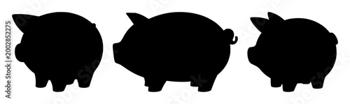 Black silhouette, white background: piggy bank set with simple line art design featuring line art, illustrations, graphic resources with vector and design elements