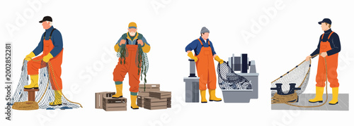 Set of illustrations depicting professional fishermen in orange overalls working with fishing nets, ropes, and crates on a white background.