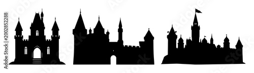 Castle silhouette set with black silhouette on white background featuring castle, silhouette, architecture, medieval with black and white