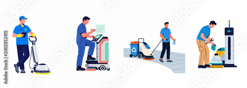 Professional Floor Cleaning Service Illustrations Featuring Workers Using Industrial Scrubber Machines and Maintenance Equipment Set