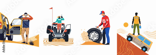 Vector illustrations of off-road desert racing adventures featuring racers, vehicles, and activities in the sandy dunes.