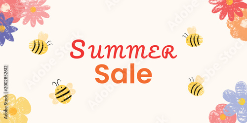 Bright summer sale banner featuring cute bees and floral elements in trendy chalk texture style. Playful and colorful background with crayon flowers.
