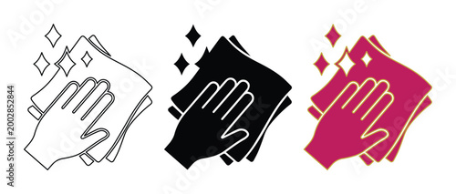 Tableau sur toile Cleaning hand with cloth icons, set of 3 flat vector symbols for hygiene and san