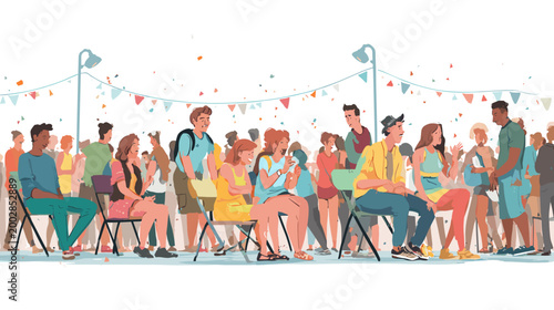 Festive Gathering: A vibrant scene unfolds at an outdoor event, filled with diverse attendees mingling, seated, and enjoying a lively atmosphere, all beneath the backdrop of celebratory decorations.