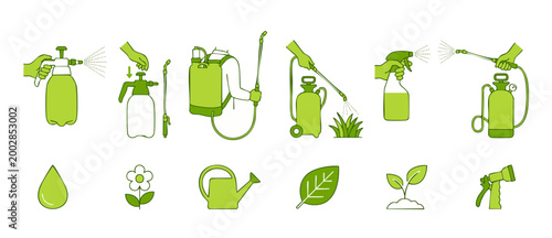 Garden sprayer set with pesticide application icons, agricultural pump equipment and watering tools for plant care and pest control vector illustration design isolated on a white background for garden