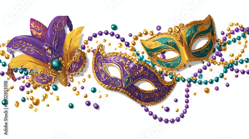 Mardi Gras Mask Extravaganza: A vibrant arrangement of Mardi Gras masks and beads, a symbol of joy, disguise, and celebration. A visual symphony, filled with colors of festivity, mystery.