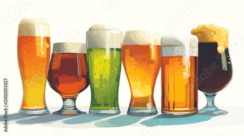 A Symphony of Brews: An artful array of expertly poured beers, each showcasing distinct color and effervescence, inviting to a sensory experience