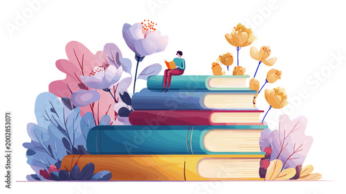 The Joy of Literary Discovery: An illustration of a person engrossed in a book atop a stack of literary volumes, surrounded by blooms. Evoking themes of intellectual pursuits, exploration.