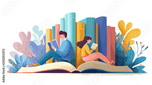 Book Lovers' Quiet Embrace: Two young individuals, immersed in the pages of their books, sit among a colorful stack of literary treasures, illustrating the serene harmony of shared reading.