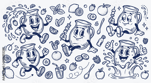 Vintage 1930s Rubber Hose Style Water Mascot and Healthy Beverage Doodle Set